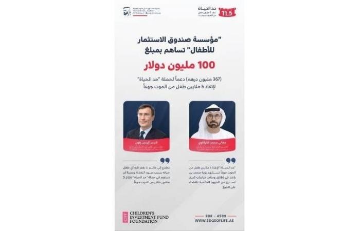 الامارات الان | «صندوق الاستثمار للأطفال» تساهم بـ367 مليون درهم دعماً لحملة «حد الحياة» | عيون الجزيرة الامارات
